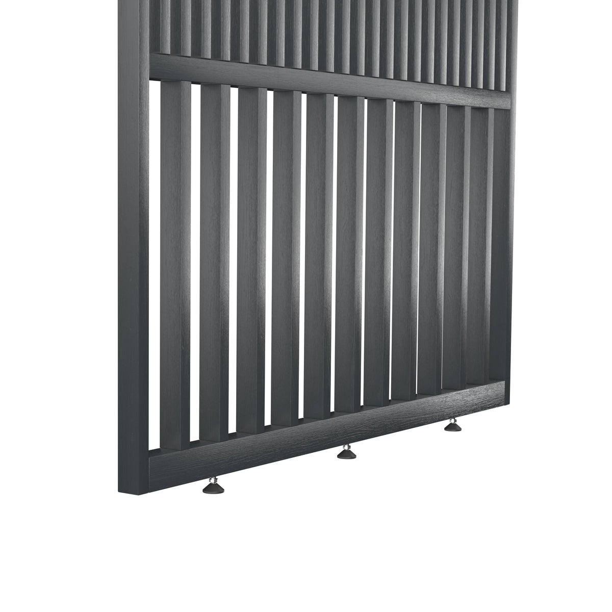 Houten roomdivider van RAL7021 massief eiken, ontworpen voor een strakke, hotel chique uitstraling. Een elegante toevoeging aan elk interieur.