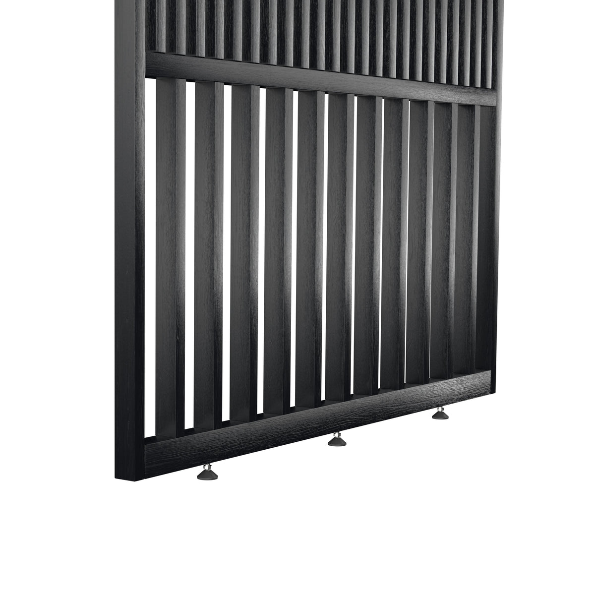 Houten roomdivider in RAL9005 massief eiken, ontworpen voor een strakke, hotel chique uitstraling. Een elegante toevoeging aan elk interieur.