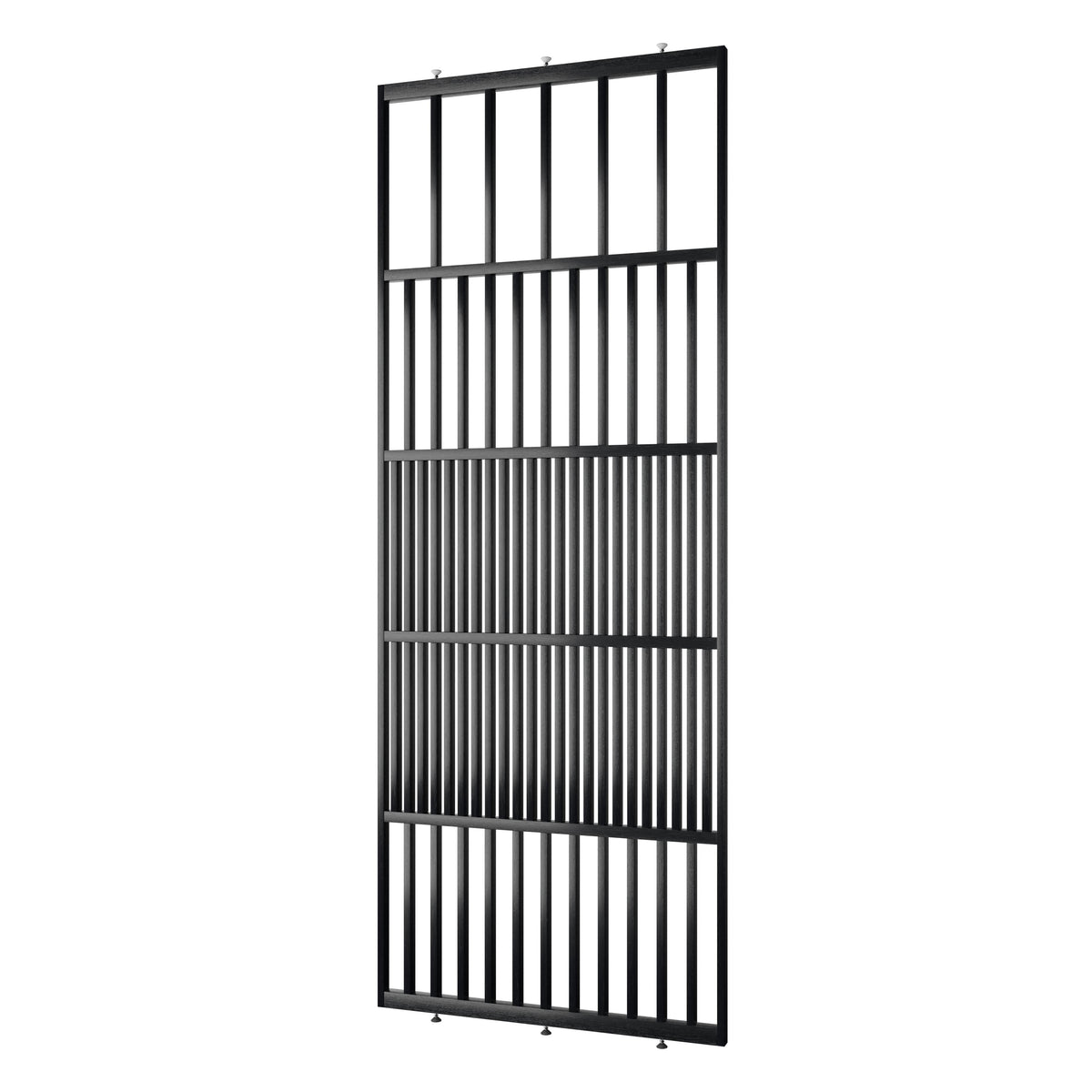 Houten roomdivider in RAL9005 massief eiken, ontworpen voor een strakke, hotel chique uitstraling. Een elegante toevoeging aan elk interieur.